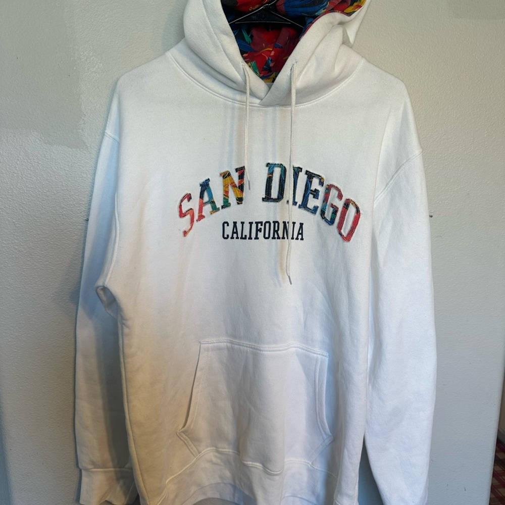 White San Diego California Embroidered Hoodie with Floral-Lined Hood